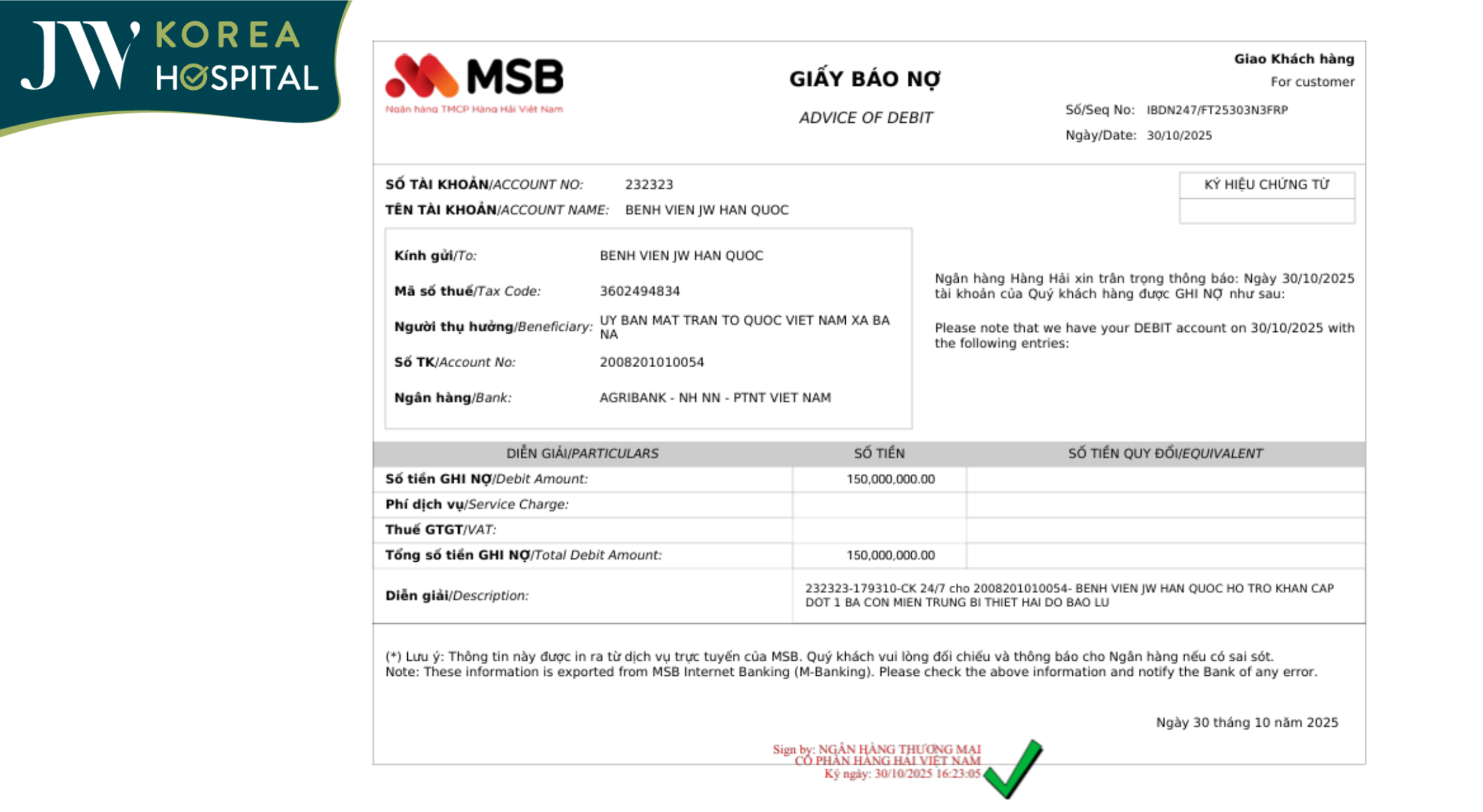 Biên lai bệnh viện JW quyên góp khẩn cấp cho đồng bào miền Trung