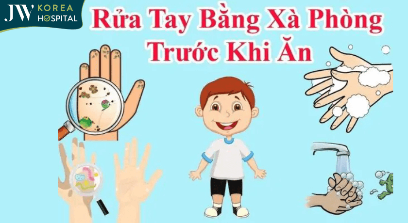 rửa tay trước khi ăn và sau khi đi vệ sinh