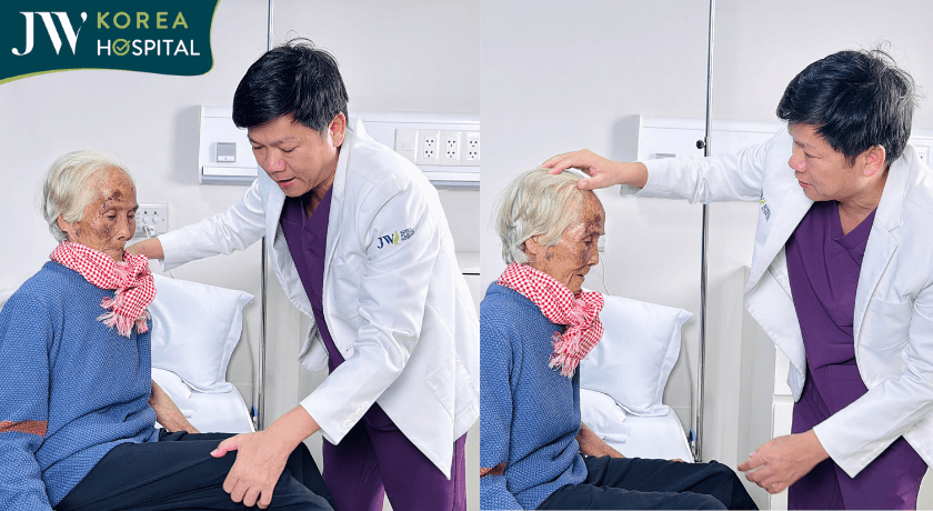 cụ bà cắt khối u chân mày sau 1 tuần quay lại bệnh viện JW tái khám